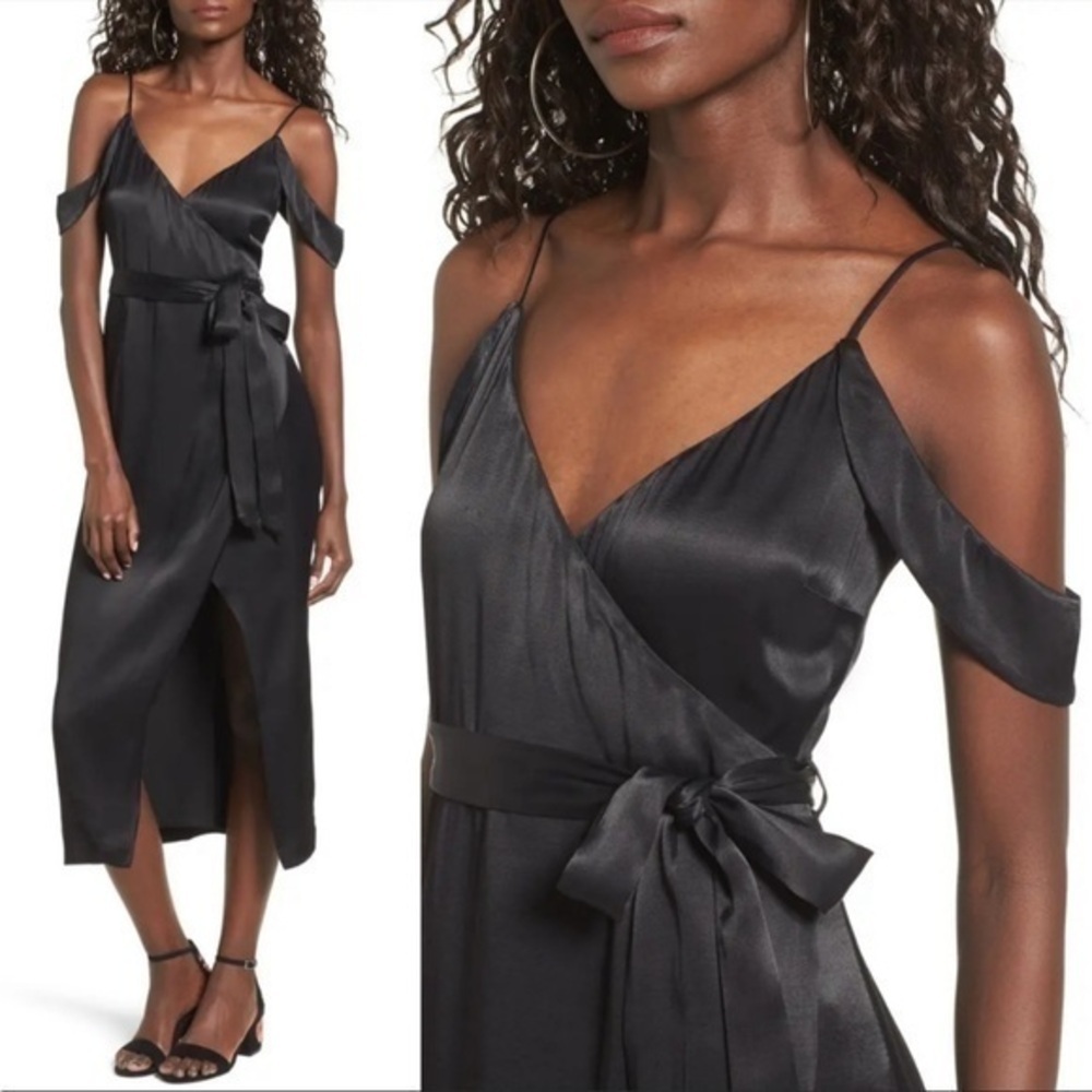 Bardot Black Leah Satin Midi Wrap Dress - MISSING BELT